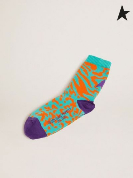 Golden Goose Turquoise, orange and purple socks with leopard and zebra print and purple star on the back turquoise orange purple