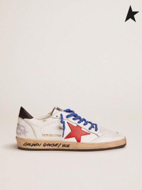 Golden Goose Ball Star sneakers in white leather with signature on the foxing and red leather star white
