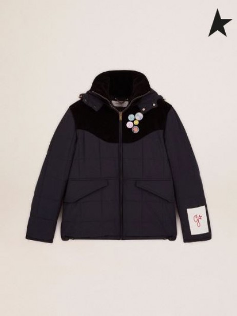 Golden Goose Golden collection padded jacket in dark blue nylon and black cotton corduroy dark blue black