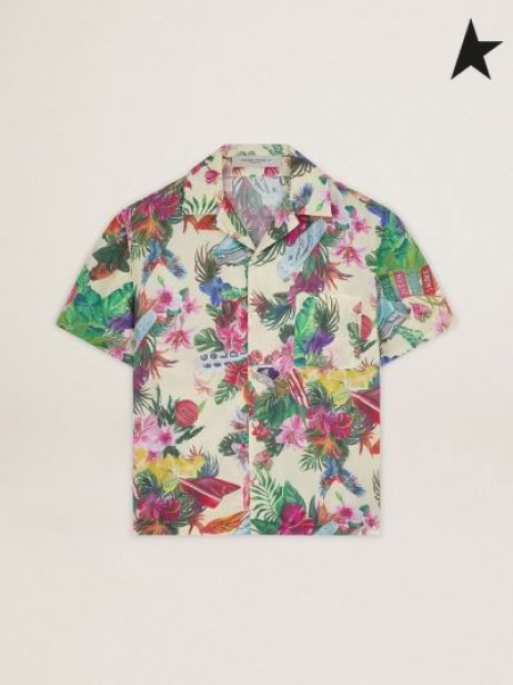Golden Goose Pastel yellow Journey collection Clarissa shirt with all-over multicolored tropical print yellow