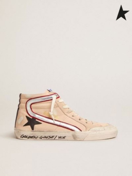 Golden Goose Penstar sneakers in pale salmon-colored nappa leather with black leather star and silver laminated leather flash red black silver