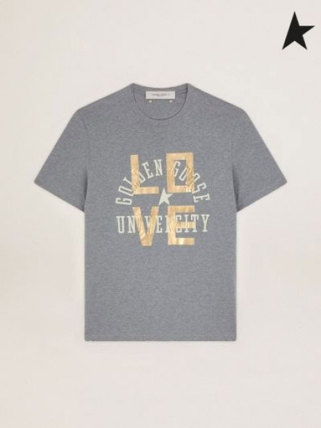 Golden Goose Gray melange Journey collection T-shirt with gold lettering and white logo gray