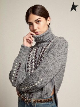Golden Goose Gray melange Journey collection Doreen turtleneck sweater with contrasting embroidery gray
