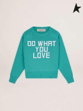 Golden Goose Mint green round-neck Journey collection pullover with distressed finish and white lettering mint green