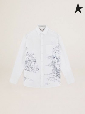 Golden Goose Poplin Journey collection Alvise shirt with contrasting ink-blue decoration white
