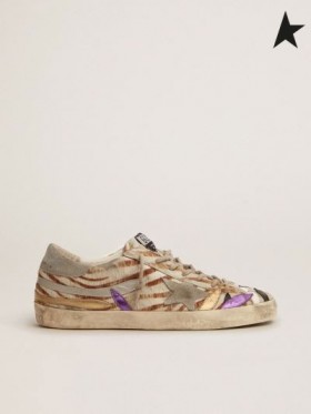 Golden Goose Super-Star sneakers in zebra-print pony skin with colored laminated leather petals red gray