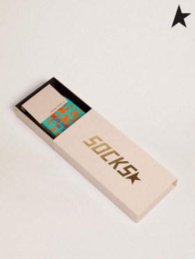 Golden Goose Turquoise, orange and purple socks with leopard and zebra print and purple star on the back turquoise orange purple