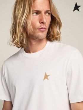 Golden Goose White Star collection T-shirt with star in gold glitter on the front white