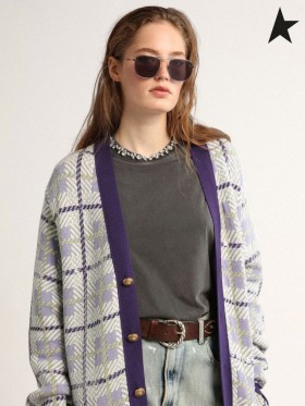 Golden Goose Journey collection cardigan with purple and yellow check pattern purple yellow