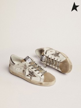 Golden Goose Super-Star sneakers with silver laminated leather heel tab and zebra-print pony skin star white
