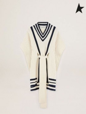 Golden Goose Oversize Journey collection Dane cape in natural white-colored wool with contrasting blue details white
