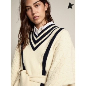 Golden Goose Oversize Journey collection Dane cape in natural white-colored wool with contrasting blue details white