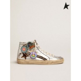 Golden Goose sneakers in silver laminated leather with leopard-print pony skin star and flash with detachable multicolored patches silver leopard