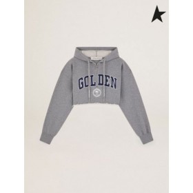 Golden Goose Cropped Journey collection hooded sweatshirt in gray with dark blue Golden lettering gray