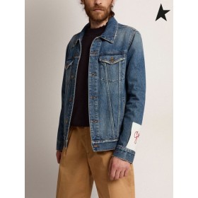 Golden Goose Golden collection mid-wash denim jacket with a distressed treatment blue