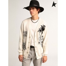 Golden Goose White Journey collection cardigan with hand-embroidered black tropical pattern Beige white