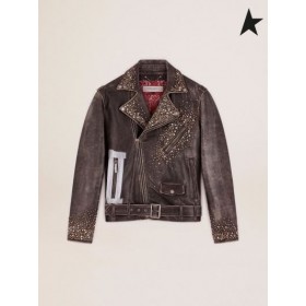 Golden Goose Golden collection leather biker jacket with distressed treatment with hammered studs and adhesive tape black