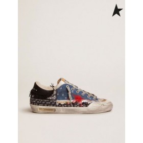 Golden Goose Super-Star Penstar LAB sneakers with canvas and velvet patchwork and shearling lining purple red gray