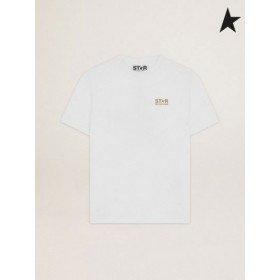 Golden Goose White Star collection T-shirt with logo and star in gold glitter white