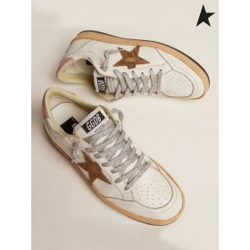 Golden Goose Ball Star sneakers with leopard-print star and pink laminated leather heel tab white
