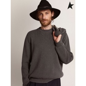 Golden Goose Golden collection round-neck sweater in dark gray melange cotton with contrasting logo on the back dark gray