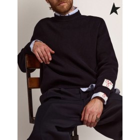 Golden Goose Golden collection round-neck sweater in dark blue cotton with contrasting logo on the back dark blue