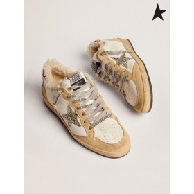 Golden Goose Ball Star sneakers in white nappa leather with platinum-colored glitter star and shearling lining white