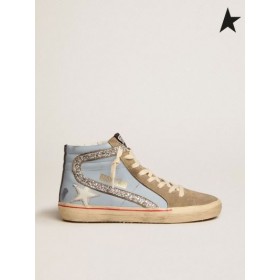 Golden Goose sneakers in powder-blue leather with dove-gray suede tongue and silver glitter flash blue