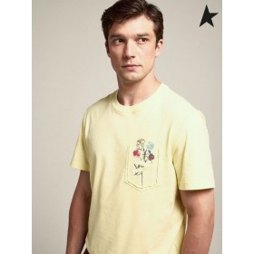 Golden Goose Pastel yellow Journey collection T-shirt with floral bouquet on the breast pocket yellow