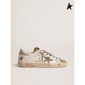 Golden Goose Super-Star sneakers with silver laminated leather heel tab and zebra-print pony skin star white
