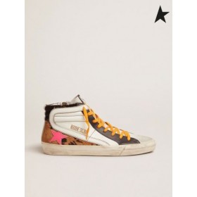 Golden Goose sneakers in pony skin, leather and suede with orange laces and a fuchsia star fuchsia orange