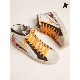 Golden Goose sneakers in pony skin, leather and suede with orange laces and a fuchsia star fuchsia orange