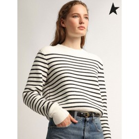 Golden Goose White Journey collection pullover with blue stripes, distressed finish and lettering on the collar white