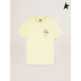 Golden Goose Pastel yellow Journey collection T-shirt with floral bouquet on the breast pocket yellow
