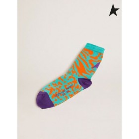 Golden Goose Turquoise, orange and purple socks with leopard and zebra print and purple star on the back turquoise orange purple