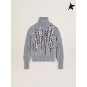 Golden Goose Gray melange Journey collection Doreen turtleneck sweater with contrasting embroidery gray
