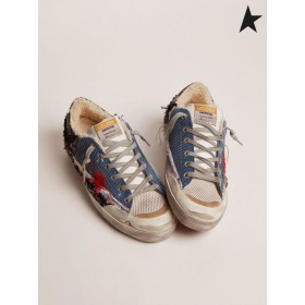 Golden Goose Super-Star Penstar LAB sneakers with canvas and velvet patchwork and shearling lining purple red gray
