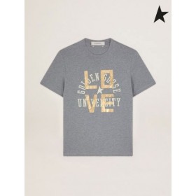 Golden Goose Gray melange Journey collection T-shirt with gold lettering and white logo gray
