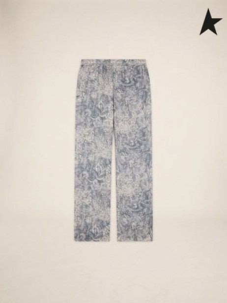 Ganso de ouro Evan Golden Resort Capsule collection calças de linho no vintage azul contrastando com o branco toile de jouy de impressão azul