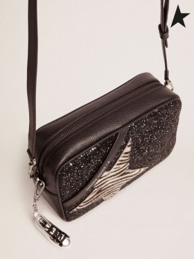 Ganso de ouro Estrelas Saco preto com glitter e estrelas-zebra-impressão Preto de pele de pônei