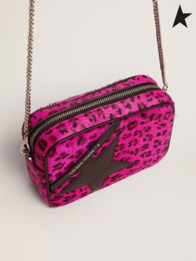 Ganso de ouro Mini Estrelas Saco em fúcsia leopard-print pele de pônei com couro preto star preto fúcsia