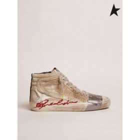 Ganso de ouro LABORATÓRIO de tênis com prata de veludo superior com o crocodilo de impressão e appliquéd fita, prata, cor de ouro, branco