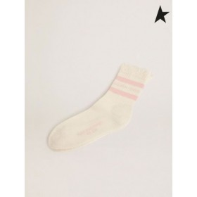 Ganso de ouro Angustiado-acabamento de meias brancas com o bebê-rosa listras e o logotipo branco