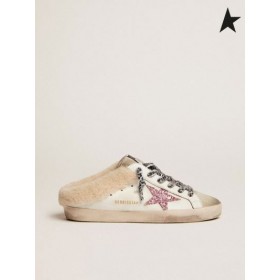 Ganso dourado Super-Estrela Tamancos Sapatilhas cor-de-rosa com glitter star e shearling forro branco