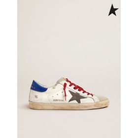 Ganso dourado Super-Estrela tênis com azul guia de calcanhar e vermelho, cordões cinza branca azul cinza escuro