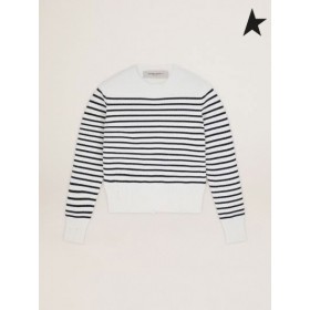 Ganso de ouro Branco Jornada de recolha de pullover com os listras azuis, aflito, acabamento e letras do colarinho branco