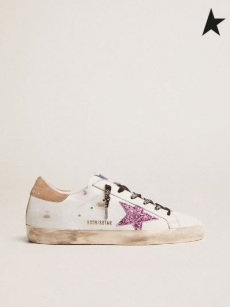 Golden Goose Szuper-Star edzőcipőt a fehér bőr a levendula-színű csillogó fehér csillagos