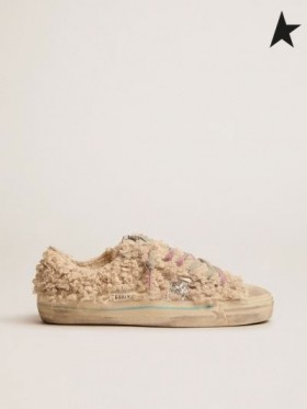 Golden Goose Bézs shearling-hatás V-Star KFT cipők ezüst csillogó csillag, ezüst, fehér, szürke