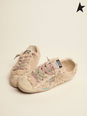 Golden Goose Bézs shearling-hatás V-Star KFT cipők ezüst csillogó csillag, ezüst, fehér, szürke