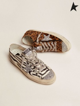 Golden Goose V-Star KFT cipők az állat-print bőr Swarovski kristály csillag leopárd szürke szürke